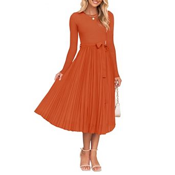 Women's Fall Knit Midi Dress Long Sleeve Crewneck Belted Pleated A Line