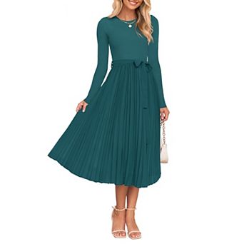 Women's Fall Knit Midi Dress Long Sleeve Crewneck Belted Pleated A Line
