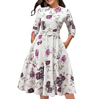 Womens Midi Dress 3/4 Sleeve Pockets Fit Flare Aline Church Wedding Guest Tea Party Derby Outfits