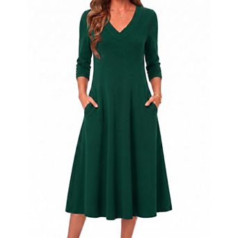 Women Long Sleeve Midi Dress V Neck A Line Pockets