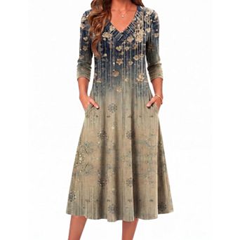 Women Long Sleeve Midi Dress V Neck A Line Pockets