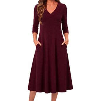 Women Long Sleeve Midi Dress V Neck A Line Pockets