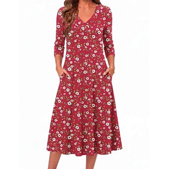 Women Long Sleeve Midi Dress V Neck A Line Pockets