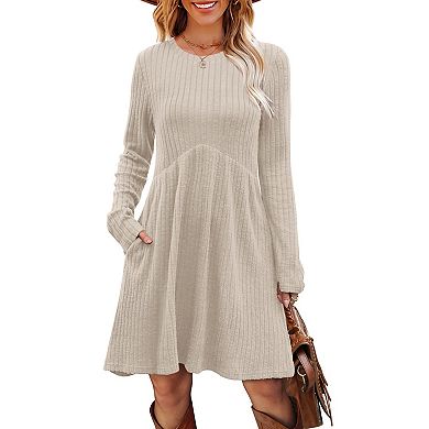 Women's Long Sleeve Empire Waist Tunic Dress with Pockets