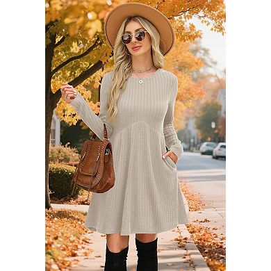 Women's Long Sleeve Empire Waist Tunic Dress with Pockets