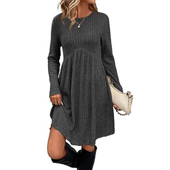 Women's Long Sleeve Empire Waist Tunic Dress with Pockets