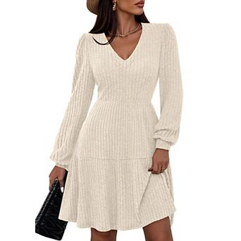 Women V Neck Ribbed Knit Dress Pockets