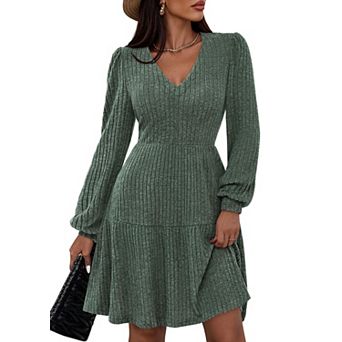 Women V Neck Ribbed Knit Dress Pockets