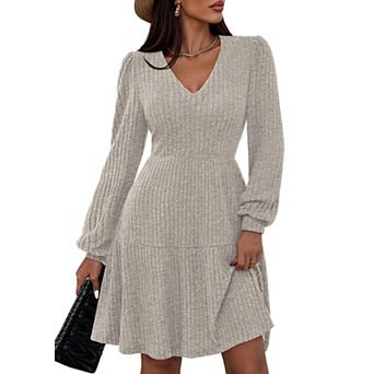 Women V Neck Ribbed Knit Dress Pockets