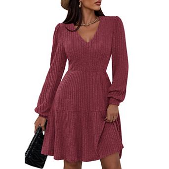 Women V Neck Ribbed Knit Dress Pockets
