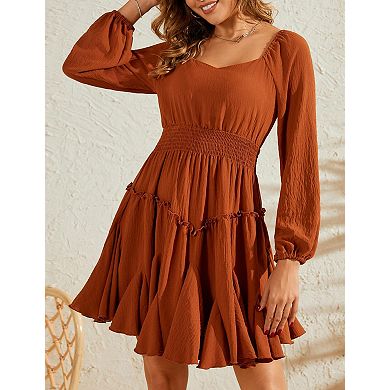 Women's Square Neck Lantern Sleeve Smocked Waist Mini Dress