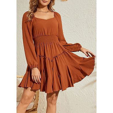 Women's Square Neck Lantern Sleeve Smocked Waist Mini Dress