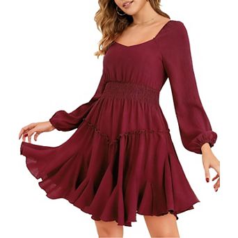 Women's Square Neck Lantern Sleeve Smocked Waist Mini Dress