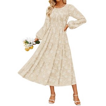 Womens Long Sleeve Boho Midi Dress Crewneck A Line High Waist Pockets