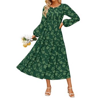 Womens Long Sleeve Boho Midi Dress Crewneck A Line High Waist Pockets