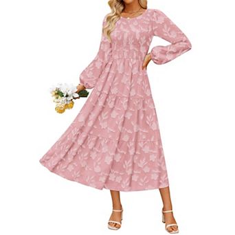 Womens Long Sleeve Boho Midi Dress Crewneck A Line High Waist Pockets