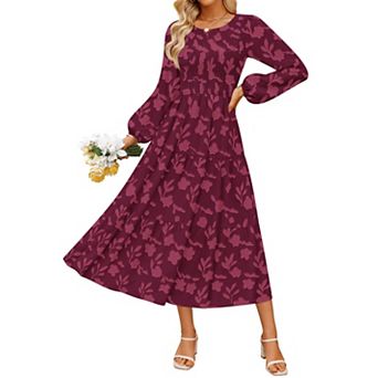 Womens Long Sleeve Boho Midi Dress Crewneck A Line High Waist Pockets