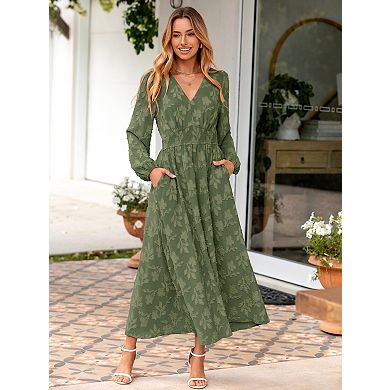 Boho Maxi Dress V Neck Empire Waist Long Sleeve Pockets