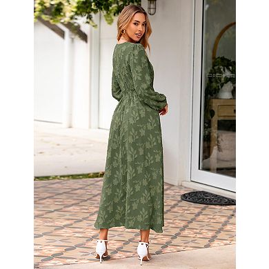 Boho Maxi Dress V Neck Empire Waist Long Sleeve Pockets