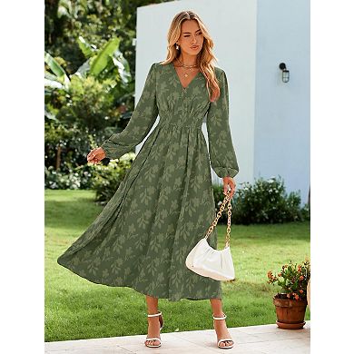 Boho Maxi Dress V Neck Empire Waist Long Sleeve Pockets
