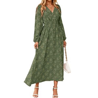 Boho Maxi Dress V Neck Empire Waist Long Sleeve Pockets