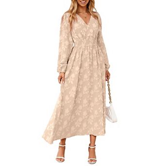 Boho Maxi Dress V Neck Empire Waist Long Sleeve Pockets