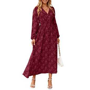 Boho Maxi Dress V Neck Empire Waist Long Sleeve Pockets