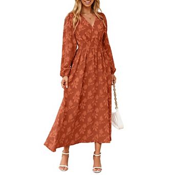 Boho Maxi Dress V Neck Empire Waist Long Sleeve Pockets