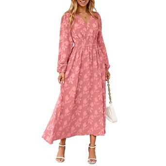 Boho Maxi Dress V Neck Empire Waist Long Sleeve Pockets