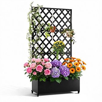 Metal Raised Planter Box with Trellis, 12" Deep Galvanized Bed, Lockable Wheels, for Climbing Plants