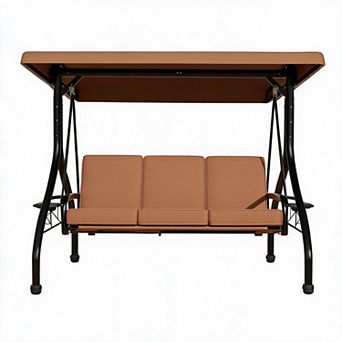 3 Seater Outdoor Swing Chair with Cup Holders, Thickened Removable Cushions, Adjustable Canopy Porch