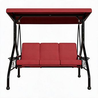 3 Seater Outdoor Swing Chair with Cup Holders, Thickened Removable Cushions, Adjustable Canopy Porch