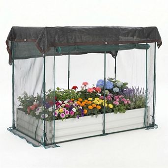 8x4x1ft Galvanized Metal Raised Garden Bed with Crop Cage, Shade Roof, Zipper Doors for Veggies