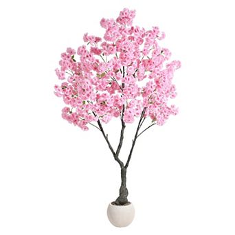 Artificial Cherry Blossom Tree, Pink Faux Flower Tree with Realistic Leaves & White Pot