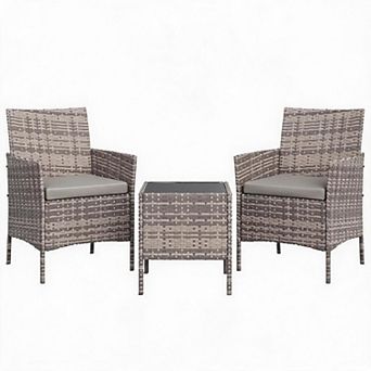 3 pc Outdoor Patio Set, PE Rattan Wicker Furniture 2 Cushioned Chairs & Tempered Glass Table