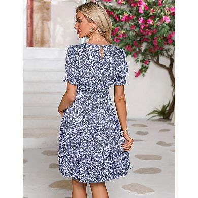 Women Puff Sleeve A Line Flowy Tiered Dress