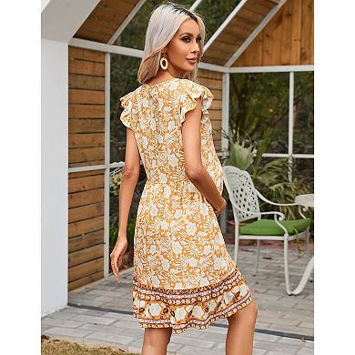Women Floral Print Ruffle Sleeve Mini Dress