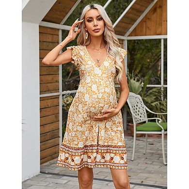 Women Floral Print Ruffle Sleeve Mini Dress