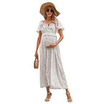 Women Maternity Floral Tie Neck Ruffle Sleeve Long Dress