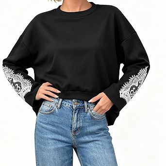 Women Long Sleeve Crew Neck Top Contrast Lace Patch Cuff Loose Fit Casual Pullover Blouse