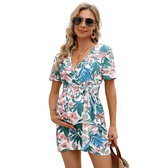Maternity Bodysuit Short Sleeve Tie Waist Wrap Romper