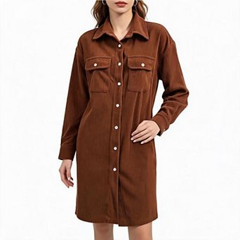 Women's Corduroy Button Down Shirt Dress Casual Business Collared Tunic Midi Shift Dress