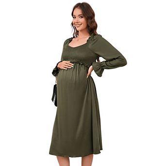 Women Maternity Elegant Long Sleeve Smocked Dress
