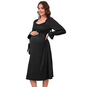 Women Maternity Elegant Long Sleeve Smocked Dress