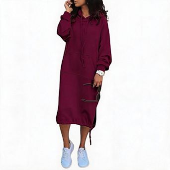 Women Hoodies Dress Oversized Hooded Sweatshirts Dress Casual Long Sleeve Midi Dress with Pocket