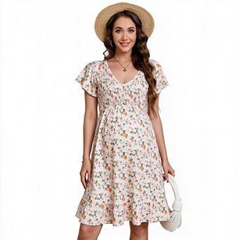 Women's Floral V Neck Flutter Short Sleeve Smocked Waist Ruffle Hem Maternity Mini Dress