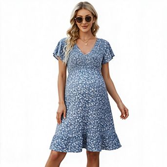 Women's Floral V Neck Flutter Short Sleeve Smocked Waist Ruffle Hem Maternity Mini Dress