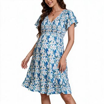 Women's Floral V Neck Flutter Short Sleeve Smocked Waist Ruffle Hem Maternity Mini Dress