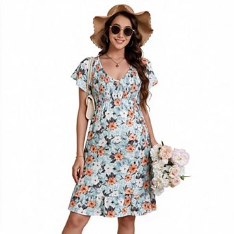 Women's Floral V Neck Flutter Short Sleeve Smocked Waist Ruffle Hem Maternity Mini Dress