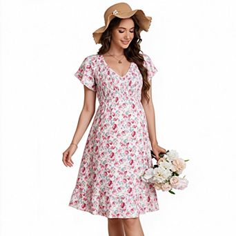 Women's Floral V Neck Flutter Short Sleeve Smocked Waist Ruffle Hem Maternity Mini Dress
